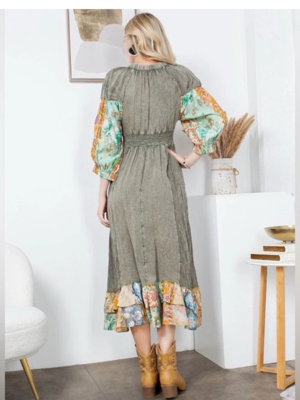 Boho V-Neck Olive Paisley Ruffle Maxi Dress NWOT Sz S . Will fit Sz M - Picture 5 of 6